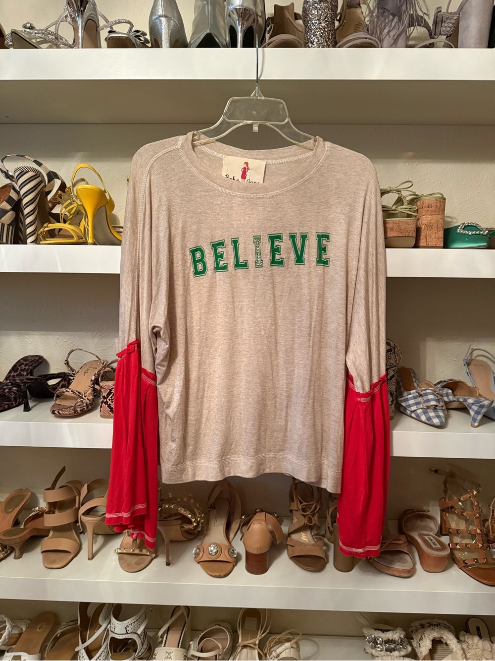 Christmas BELIEVE Crewneck Long-Sleeve Top with Red Sleeves